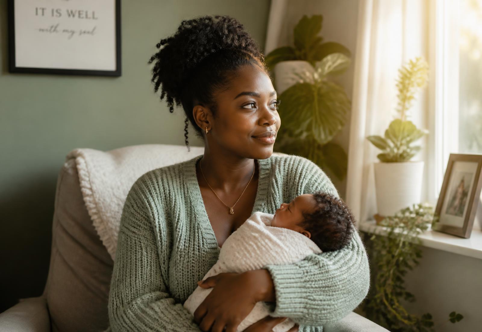 A mother holding her newborn while talking with a WellMind peer support specialist in a sunlit community room.